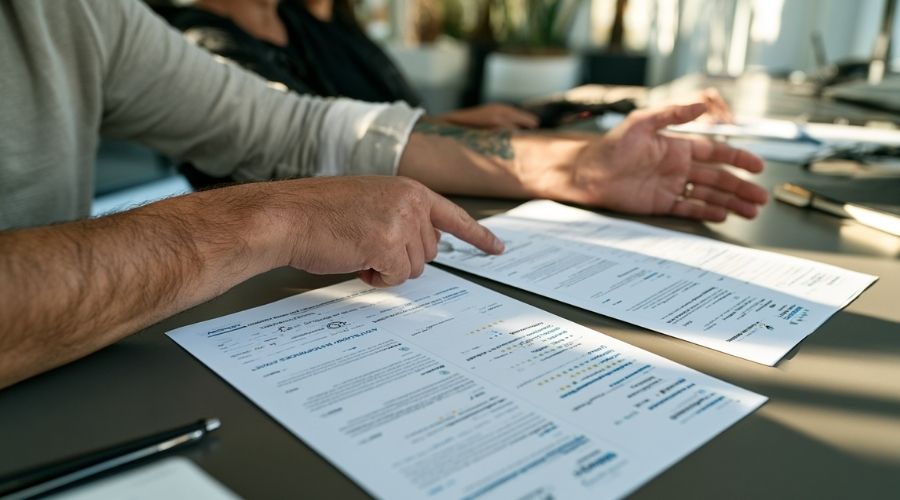 A person compares two printed attorney profiles on a desk, pointing to details about experience, courthouse information, and client reviews; only their hands are visible.