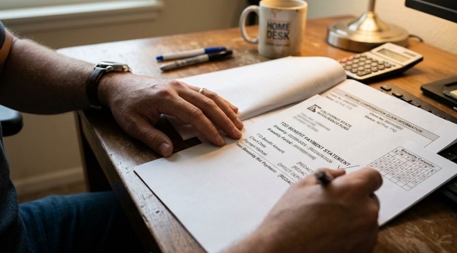 Workers' Compensation Attorney in Orange County: What to Expect 2 A person reviewing a biweekly workers' comp benefit statement at a home desk, only hands and documents visible, soft indoor lighting. Represents the TTD benefit payment process during recovery.