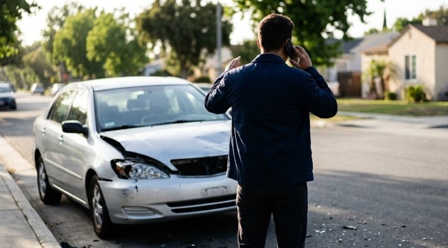 Hit-and-Run Accidents in Orange County: What Are Your Rights? 2 A person standing beside their damaged car on a street, holding a phone to their ear, calling 911. Only silhouette or back view visible, no face. Daylight. Represents the critical step of calling law enforcement immediately at the scene.