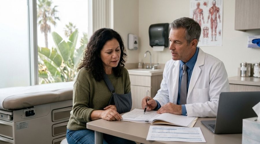 Patient discussing a delayed injury diagnosis with a doctor