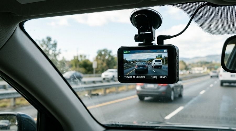  A close-up of a dashcam mounted on a windshield displaying     footage of the road ahead, representing dashcam evidence     as the most decisive tool in rear-end fault disputes.     No faces visible, natural daylight through windshield.