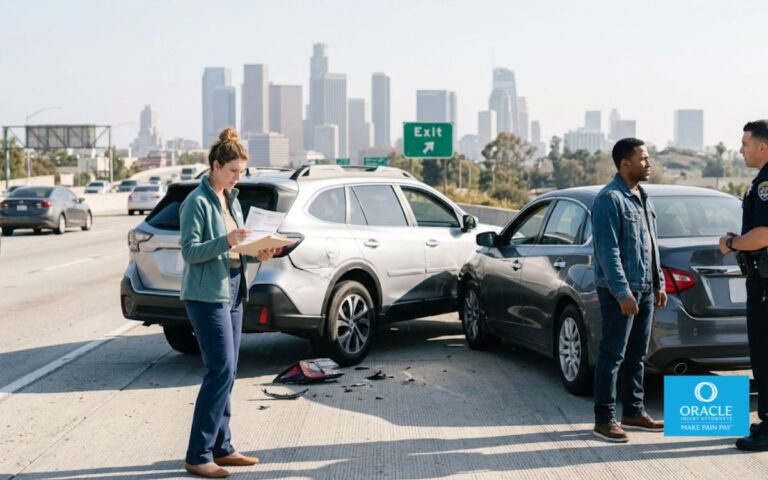 A realistic daytime California freeway accident involving two modern passenger vehicles on the shoulder. One driver is speaking with a police officer while another looks concerned reviewing insurance paperwork. Downtown Los Angeles skyline faintly visible in the distance. Natural lighting, documentary photography style, highly realistic, no dramatic explosions, no injuries or blood, professional legal blog aesthetic,