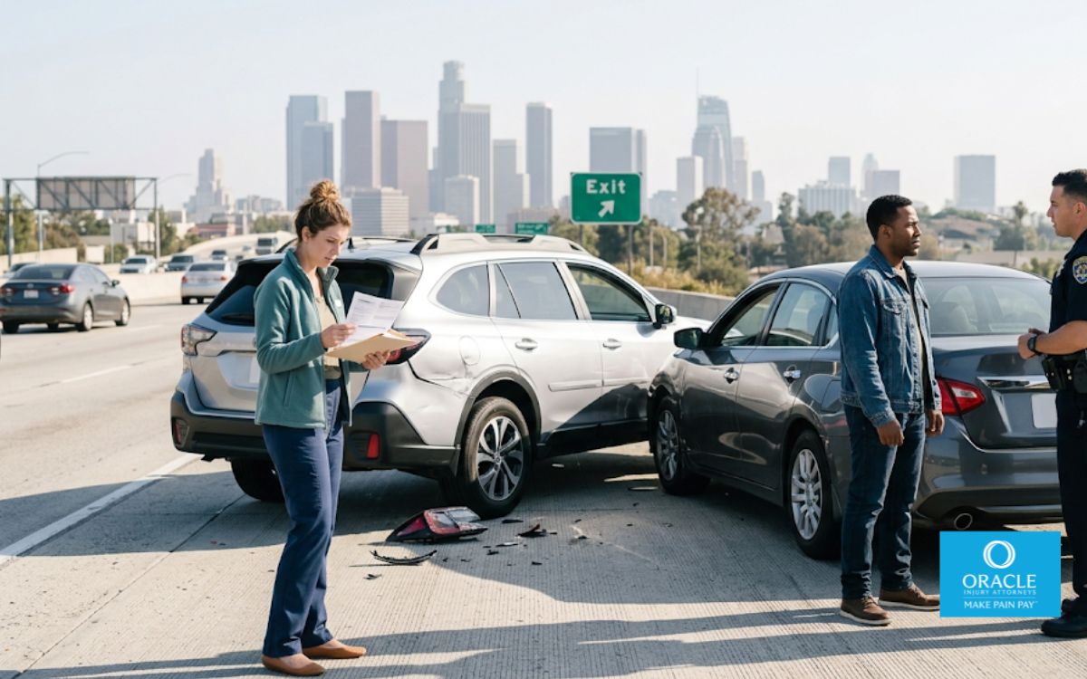 A realistic daytime California freeway accident involving two modern passenger vehicles on the shoulder. One driver is speaking with a police officer while another looks concerned reviewing insurance paperwork. Downtown Los Angeles skyline faintly visible in the distance. Natural lighting, documentary photography style, highly realistic, no dramatic explosions, no injuries or blood, professional legal blog aesthetic,