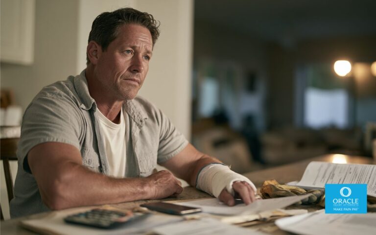 A photorealistic editorial photograph of a California worker in their late 30s sitting at a kitchen table after a workplace injury, wearing ordinary work clothes and carefully reviewing workers’ compensation paperwork with a concerned but hopeful expression. A subtle wrist brace and work gloves placed on the table suggest an injury without showing anything graphic. Beside the worker are medical documents, a smartphone, a calculator, and neatly organized claim paperwork. In the softly blurred background, warm evening light enters through a window, suggesting a California suburban home. The composition should visually communicate discovering and protecting multiple workplace injury benefits, financial security, medical recovery, and legal guidance. Premium legal editorial photography, natural skin texture, realistic lighting, sophisticated blue and neutral color palette, shallow depth of field, cinematic realism, horizontal 16:9 composition, no visible text, no logos, no watermarks.