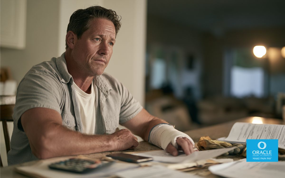 A photorealistic editorial photograph of a California worker in their late 30s sitting at a kitchen table after a workplace injury, wearing ordinary work clothes and carefully reviewing workers’ compensation paperwork with a concerned but hopeful expression. A subtle wrist brace and work gloves placed on the table suggest an injury without showing anything graphic. Beside the worker are medical documents, a smartphone, a calculator, and neatly organized claim paperwork. In the softly blurred background, warm evening light enters through a window, suggesting a California suburban home. The composition should visually communicate discovering and protecting multiple workplace injury benefits, financial security, medical recovery, and legal guidance. Premium legal editorial photography, natural skin texture, realistic lighting, sophisticated blue and neutral color palette, shallow depth of field, cinematic realism, horizontal 16:9 composition, no visible text, no logos, no watermarks.