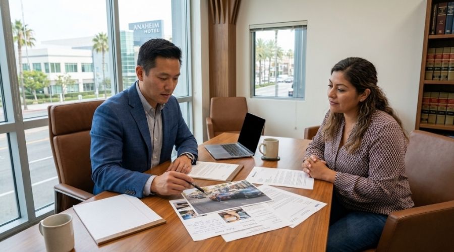 Car accident attorney preparing a client's case and reviewing insurance records.