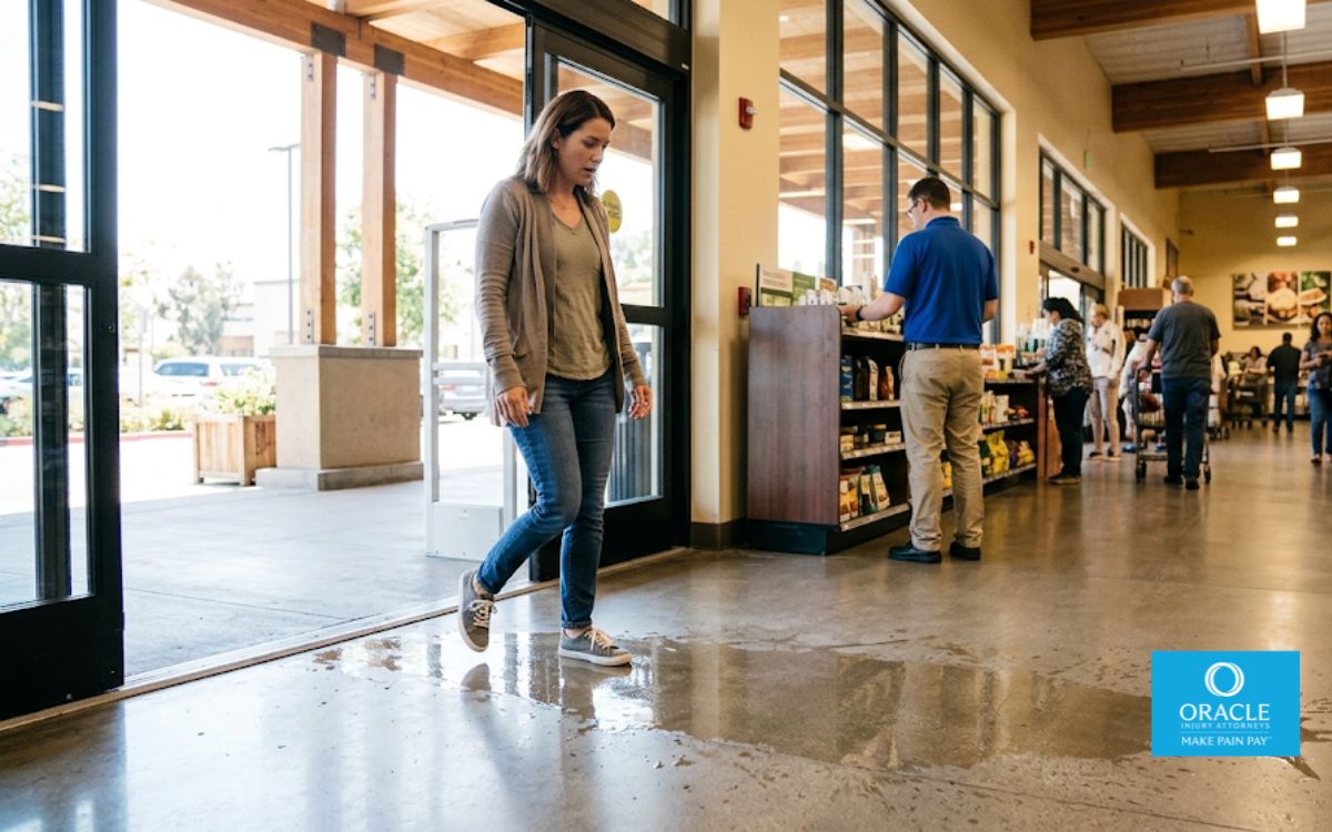 Wet floor hazard in a California store representing a potential personal injury negligence claim.