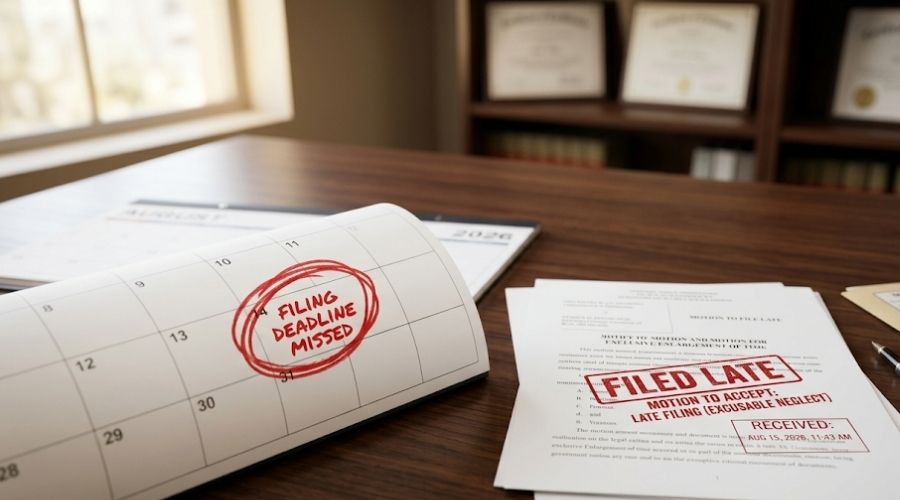 How Long Do You Have to File a Personal Injury Claim in California? 2 Close-up of a calendar with a clearly missed legal filing date circled in red beside court documents stamped "Filed Late." Professional legal setting, realistic photography, symbolic without dramatization.