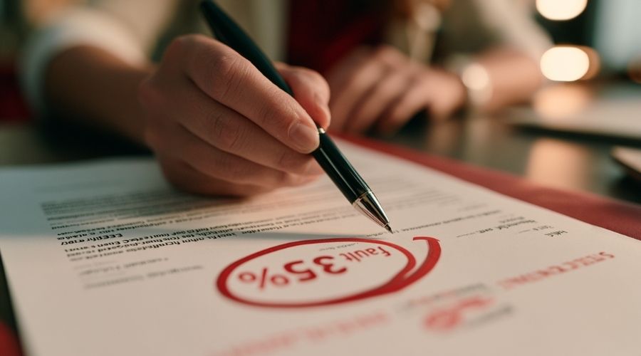  A close-up of a printed settlement offer letter on a desk
     with a fault percentage circled in red — "35% at fault"
     visible — a hand holding a pen above it. No face visible,
     soft indoor lighting. Represents the inflated fault
     assignment as a financial strategy by the insurer.