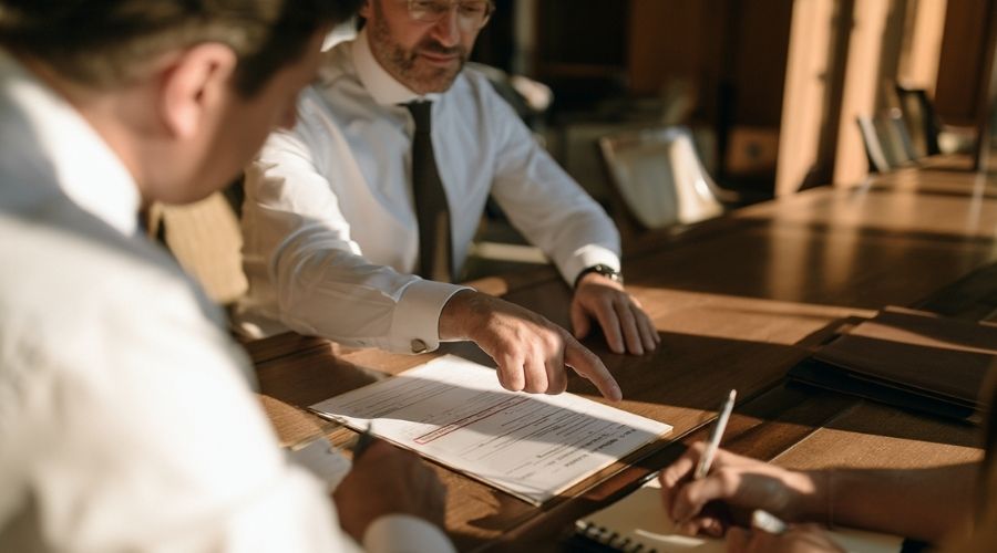 A calm attorney-client consultation: two people at a
     conference table, one reviewing a case valuation document
     with settlement ranges marked, the other taking notes.
     Warm office lighting, no faces clearly identifiable.