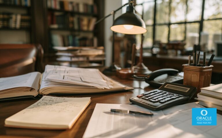Plano general del escritorio de un abogado con un expediente abierto, historiales médicos, una calculadora y un bloc de notas legal con cálculos de daños escritos a mano. Sin rostros, iluminación cálida de oficina. Representa la naturaleza estructurada y específica de la valoración de casos de lesiones personales.
