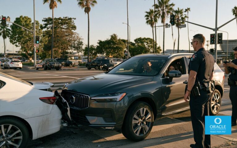 Angeles intersection near LAX during late afternoon. A dark gray modern rideshare SUV has realistic moderate front-left collision damage, with a white sedan showing rear-side damage nearby. An adult passenger remains safely seated inside the SUV while a police officer speaks with them and another officer documents the crash.