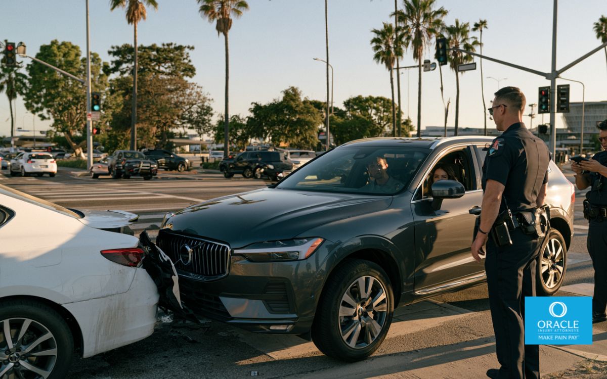 Angeles intersection near LAX during late afternoon. A dark gray modern rideshare SUV has realistic moderate front-left collision damage, with a white sedan showing rear-side damage nearby. An adult passenger remains safely seated inside the SUV while a police officer speaks with them and another officer documents the crash.