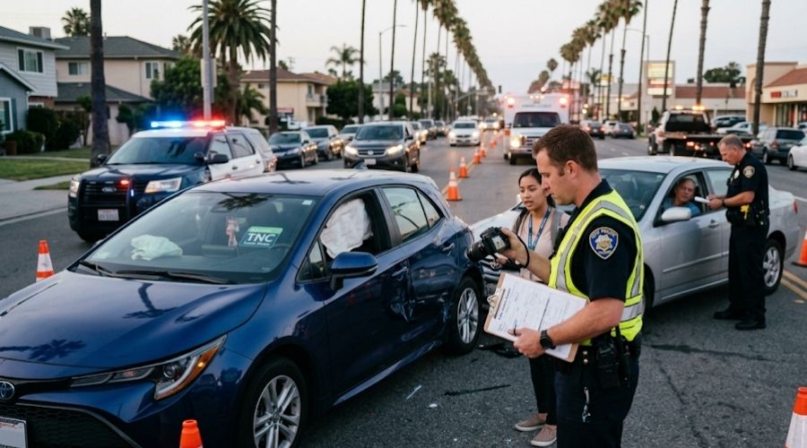 Police documenting a California rideshare collision while damaged vehicles remain at the intersection, emergency lights illuminating the scene, realistic legal editorial photography, ultra-high resolution.
