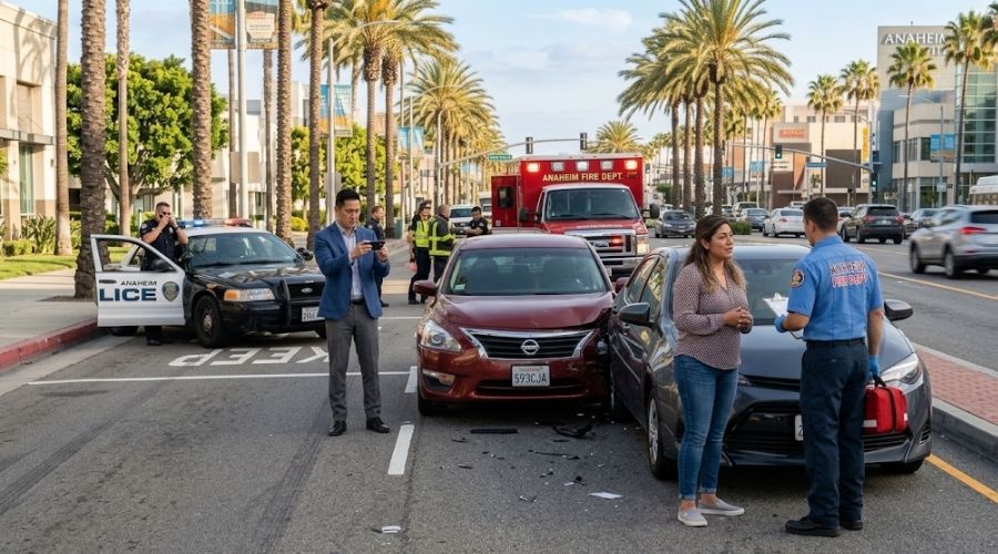 Drivers documenting vehicle damage while emergency responders assist after a crash.