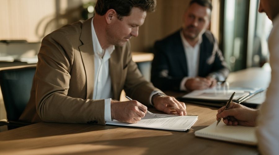 A calm attorney-client consultation: two people at a
     conference table, one reviewing a denial letter and a
     personal injury case file, the other taking notes on a
     legal pad. Warm office lighting, no faces clearly
     identifiable.