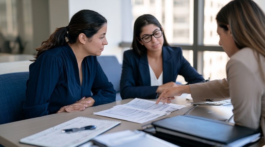 What Benefits Am I Entitled to After a Workplace Injury? 3 Photorealistic editorial photograph of an injured California worker sitting across from a workers’ compensation attorney in a professional Southern California law office. The attorney and client are carefully reviewing a detailed claim file, medical records, deadlines, and benefit documents together. A calendar, pen, laptop, and organized folder are visible on the desk. The attorney is listening attentively and pointing to a document while the client looks focused and reassured. The scene should communicate organization, deadlines, advocacy, and making sure no benefits are overlooked. Authentic professional interaction, natural expressions, modern but understated law office, soft window lighting, premium legal editorial photography, blue and neutral color palette, no readable text, no law firm logos, no watermarks, horizontal 16:9.