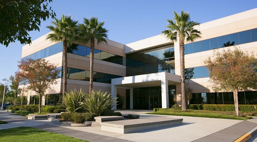 Workers' Compensation Attorney in Orange County: What to Expect 3 A wide shot of an Orange County professional office building or business park exterior, daylight, clean suburban setting. Represents the Orange County work environment where many WC claims originate, and the broader personal injury claim overlap.