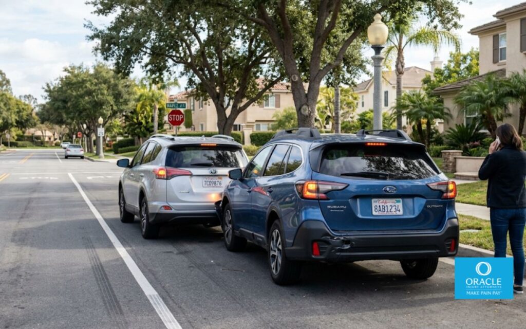 Dos coches se detuvieron tras una pequeña colisión por alcance en una calle suburbana de California, a plena luz del día. El vehículo delantero presentaba daños visibles en el parachoques trasero y las luces de emergencia estaban encendidas. No se aprecian rostros con claridad. Representa el escenario principal que aborda la publicación sin mostrar lesiones gráficas.