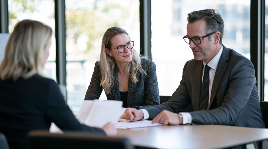 Una consulta realista entre un abogado especializado en lesiones personales y su cliente en un moderno despacho de abogados. Revisan juntos los documentos del accidente en una mesa de conferencias. El ambiente es profesional, tranquilizador y confidencial. Grandes ventanales con luz natural, fotografía corporativa fotorrealista, vestimenta formal, sin logotipos ni la marca visible del bufete.