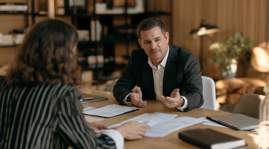 Two people meet for a calm attorney-client consultation in a warm Pasadena office, reviewing case documents together with no clearly identifiable faces.
