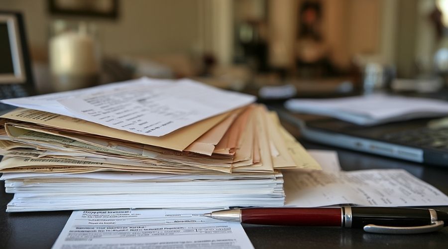 A close-up of a stack of medical bills, hospital invoices,
     and physical therapy receipts on a desk beside a pen.
     No faces, neutral lighting. Represents the documented
     economic loss component of a personal injury claim.