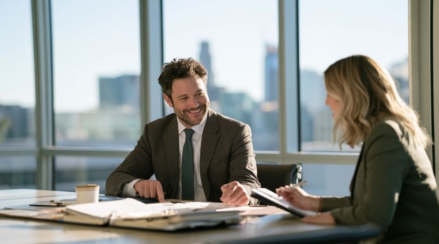 Photorealistic professional portrait-style editorial photograph of a Los Angeles personal injury attorney sitting across from a client and pointing to a document explaining an accident claim, client taking notes on a tablet, organized case file and coffee on the conference table, modern glass-walled law office, downtown Los Angeles skyline softly visible behind them, warm natural window light, trustworthy and confident atmosphere, authentic human interaction, no readable text, no logos, 16:9 landscape.