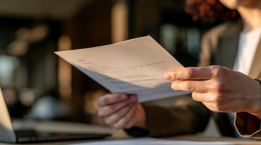 A close-up of a person's hands holding a printed settlement
     offer letter at a desk, the dollar amount partially visible
     but not clearly readable, looking uncertain before signing.
     No face visible, soft indoor lighting. Represents the
     moment of receiving and considering a first offer.