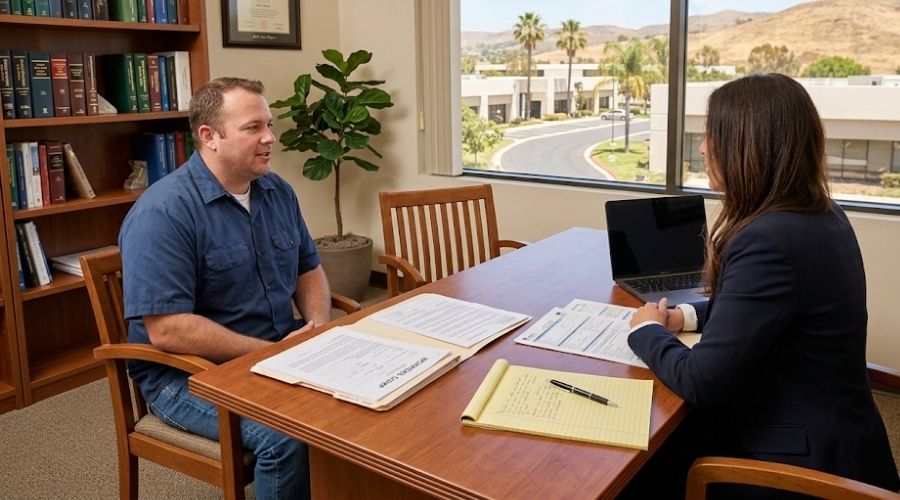 Workers' Compensation Attorney in Orange County: What to Expect 1 A calm, professional attorney-client consultation: an injured worker seated across a desk from an attorney, legal documents and a notepad visible on the desk. Warm office lighting, South Orange County business park setting visible through a window. No faces clearly identifiable.