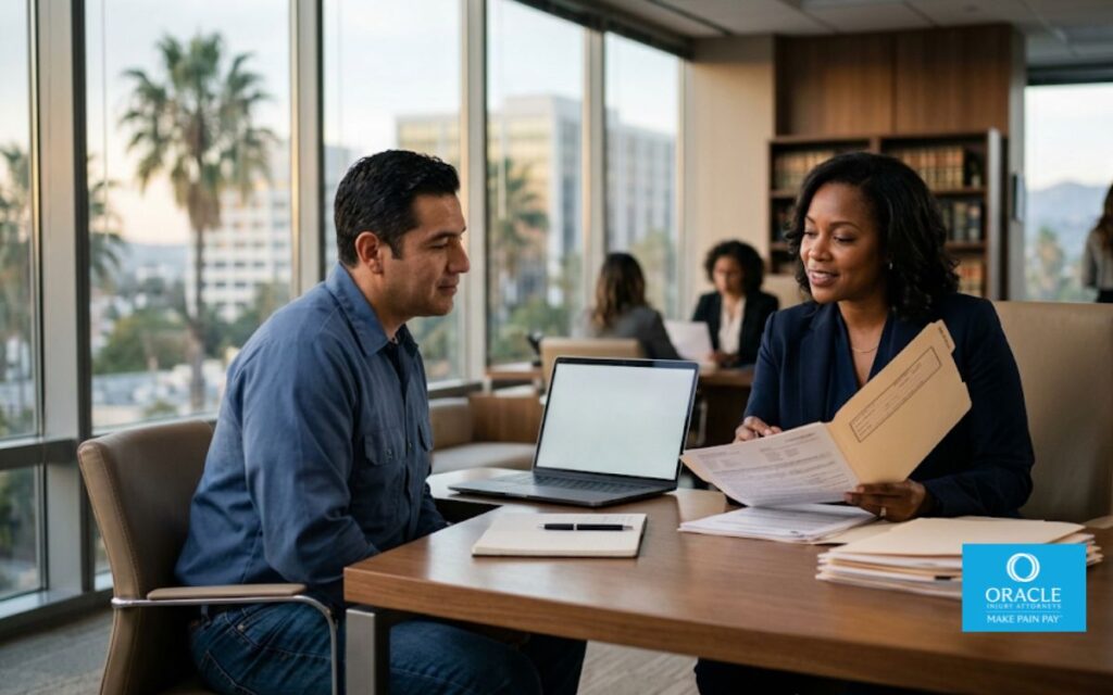 Workers’ compensation attorney explaining the claims process to an injured worker during a consultation in an Orange County law office.