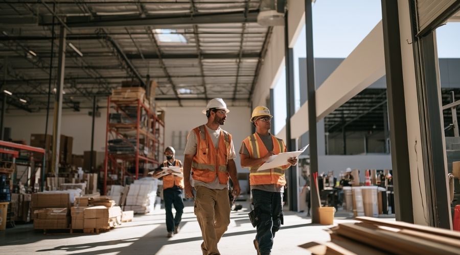 What Benefits Am I Entitled to After a Workplace Injury? 1 A wide shot of a construction or warehouse work environment
in Southern California, workers visible in hard hats and
safety vests at a safe distance, no accident depicted,
daylight industrial setting. Represents the broad range
of industries where workplace injury benefits California
workers are entitled to apply. No faces clearly visible.