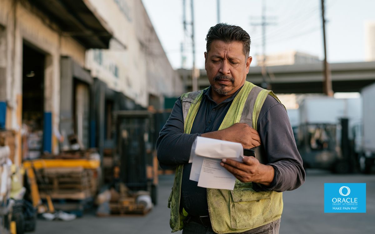 Injured Santa Ana warehouse worker reviewing workers’ compensation medical paperwork at home.