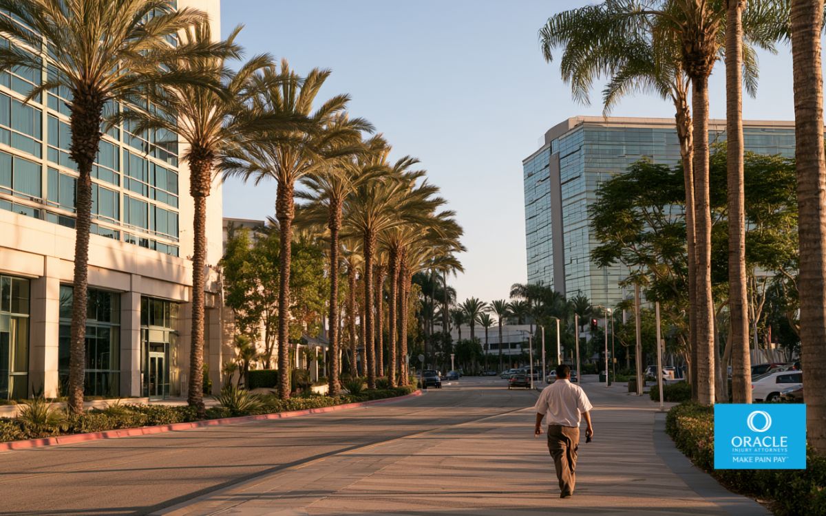 A wide street-level shot of the Anaheim Resort District corridor — hotel facades and palm trees visible, daylight, a worker in a hospitality uniform walking along the sidewalk seen from behind. No face visible. Represents the scale of Anaheim's hospitality workforce and the geographic setting of the post.