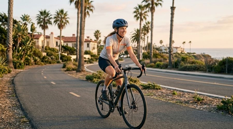 Cyclist riding safely on an Orange County California bike path