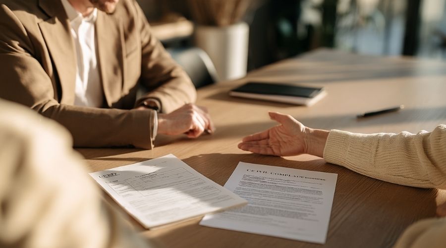 What If Your Employer Has No Workers' Comp Insurance? 3 A calm attorney-client consultation: two people at a conference table reviewing a UEBTF claim form and a civil complaint document side by side. Warm office lighting, no faces clearly identifiable.