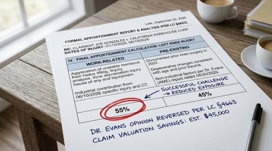 apportionment shoulder knee injury California workers comp — printed apportionment report with work-related percentage circled on a desk
