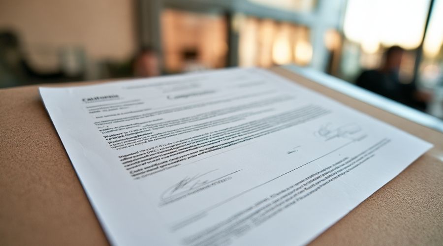 What If Your Employer Has No Workers' Comp Insurance? 1 A close-up of an official California workers' compensation insurance certificate — the standard DWC notice that employers are required to post in the workplace — pinned to a corkboard or wall in a commercial setting, slightly worn or partially obscured, daylight. No people visible. The presence of the certificate represents the legal posting requirement every California employer must meet, making its absence in an uninsured workplace immediately recognizable as a violation. Clean, factual tone — no dramatic staging.