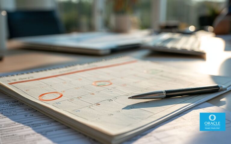 Primer plano de un calendario de escritorio con cuatro fechas diferentes marcadas con círculos de distintos colores: 30 días, 1 año y 5 años. Un bolígrafo descansa a su lado y un formulario de compensación laboral parcialmente visible debajo. Sin rostros, con iluminación natural de escritorio. Representa los múltiples plazos independientes que se aplican tras una lesión laboral.