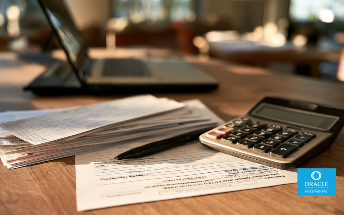 Pago de compensación laboral en California: recibos de pago y estado de cuenta de beneficios junto a una calculadora en un escritorio.