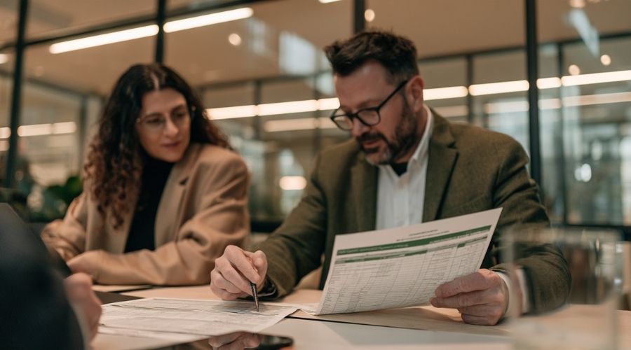 How Much Does Workers' Comp Pay in California? 3 workers compensation attorney California — attorney and client reviewing 2026 rate schedule and payment history at a conference table
