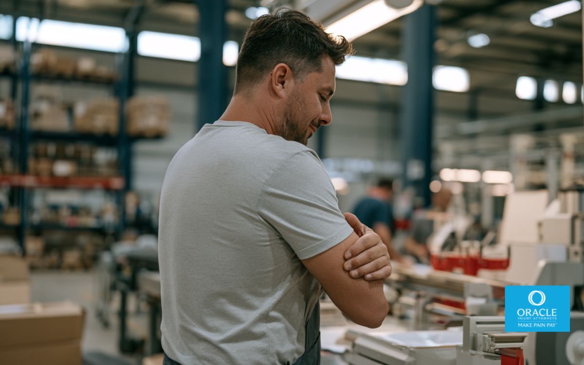 A worker at a warehouse or assembly line workstation, seen from behind, rubbing their wrist or forearm with one hand while looking at a work task — no face visible, daylight industrial environment. Represents the gradual onset of a cumulative trauma condition during sustained repetitive work, before any formal diagnosis exists.