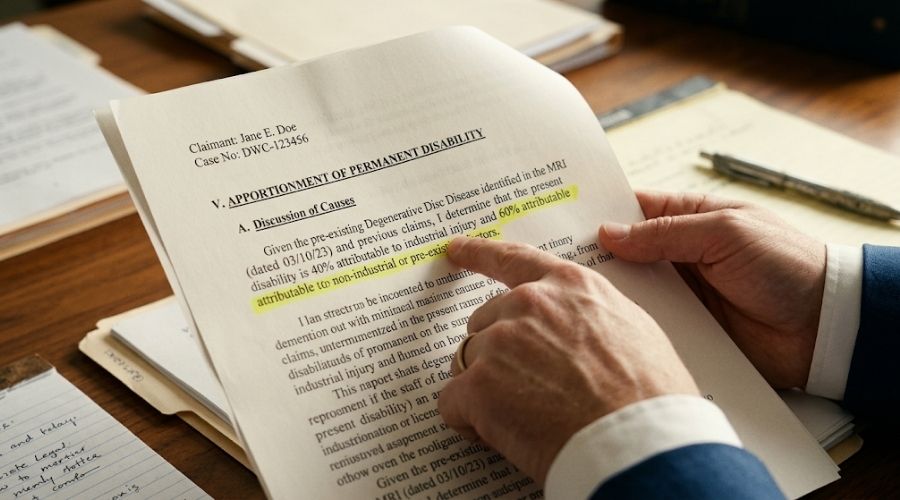 apportionment permanent disability California — medical report with apportionment percentage highlighted on a desk