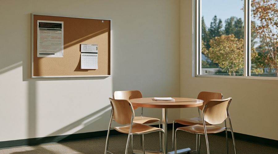 How Long Do You Have to Report a Work Injury in California? 1 A wide shot of a California workplace break room or common area — a corkboard on the wall with a workers' compensation rights notice posted, a calendar visible nearby, and a table with an untouched DWC-1 form sitting in plain view. No people present, daylight through a window, clean and realistic environment. Represents the moment before an injured worker acts — the posting that tells them their rights exist, the calendar counting down, and the form waiting to be filled out. The absence of a person makes the urgency feel more immediate than a staged scene would.
