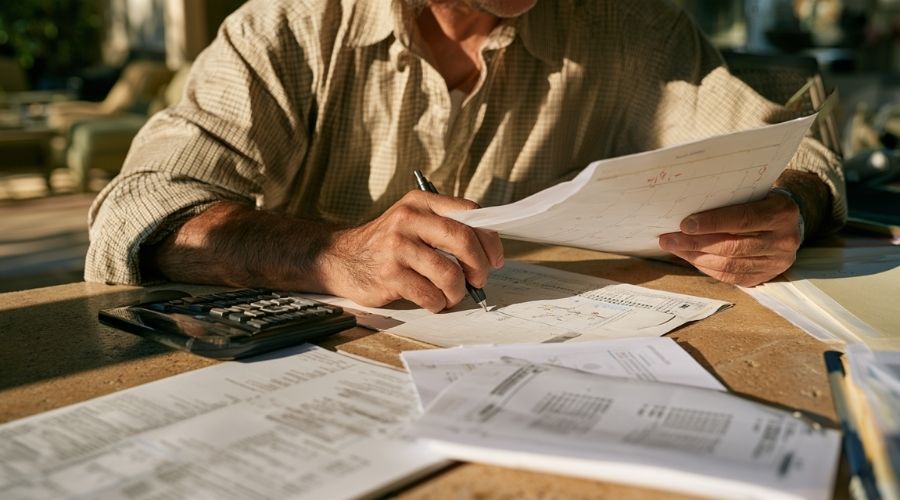Worker comparing payment records and dates to track late workers’ compensation payments.