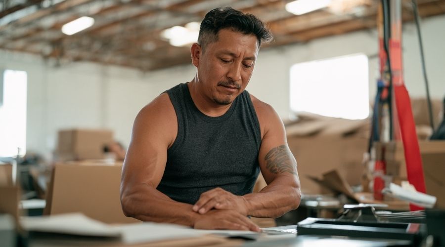 Repetitive Stress and Cumulative Trauma Claims at Work 1 California warehouse worker experiencing wrist and forearm discomfort during repetitive work at a packing station.