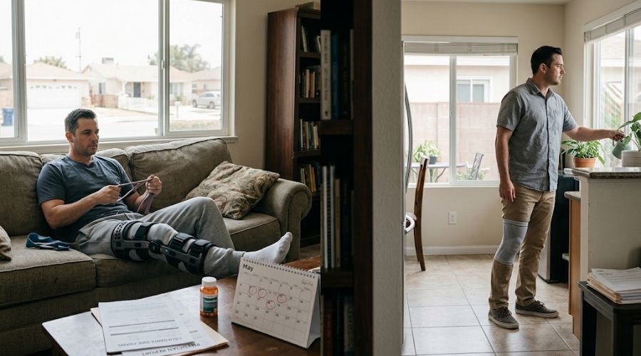 Injured worker shown during recovery and later living with a lasting physical impairment.