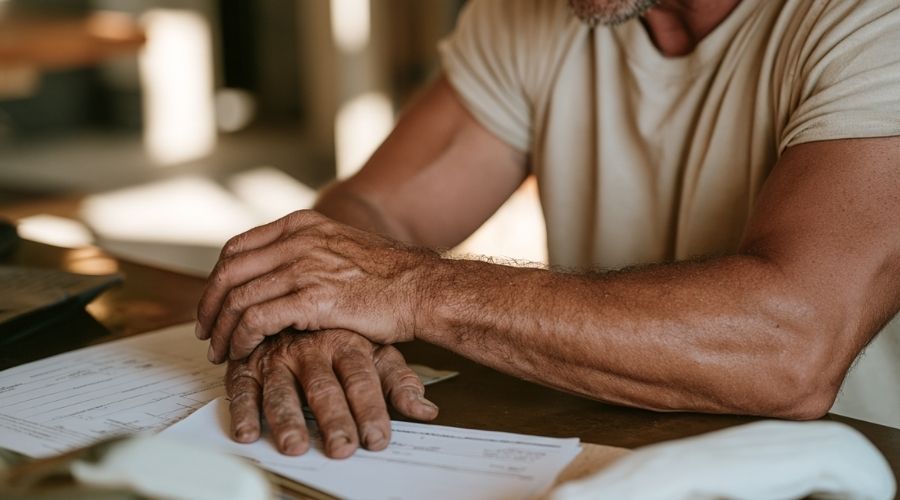 How Long Do You Have to Report a Work Injury in California? 2 close-up of a worker's hands — showing wear consistent with repetitive manual labor — resting on a desk beside medical paperwork, an ice pack or brace subtly visible. No face, soft indoor lighting. Represents the gradual onset of a cumulative trauma injury and the discovery rule that governs its reporting deadline.