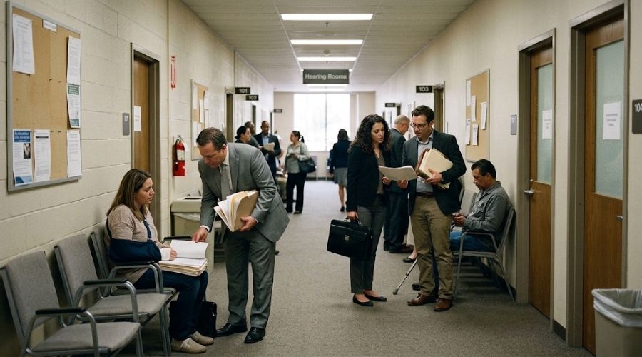 Workers and attorneys waiting for a mandatory settlement conference at a California workers’ comp office