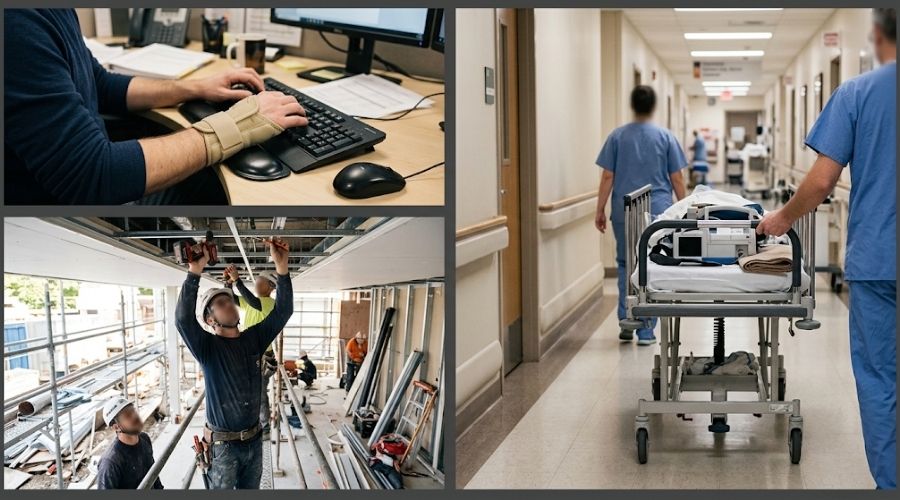Repetitive Stress and Cumulative Trauma Claims at Work 2 A split composition showing three work environments in
small panels: an office desk with keyboard and wrist
brace, a construction site with overhead work, and a
hospital corridor with a patient cart — all without
faces clearly visible. Represents the cross-industry
range of cumulative trauma conditions covered by
California workers' compensation.