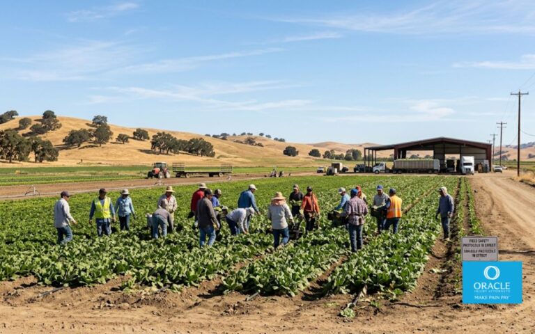 A wide shot of a diverse group of construction or agricultural workers at a California job site, seen from a distance — no faces clearly identifiable, daylight, professional work environment. Represents the broad California workforce whose undocumented workers have full injury rights regardless of status.